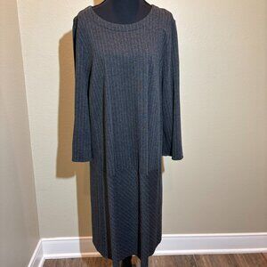 J.Jill Ponte Gray White Pinstripe Long Sleeve Drop Waist Dress Size XL